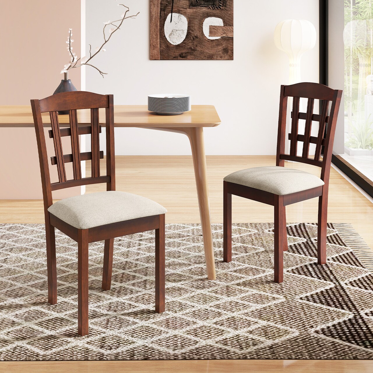 Set of 2 Classic Wood Kitchen Chairs with Cushioned Faux Leather Seats